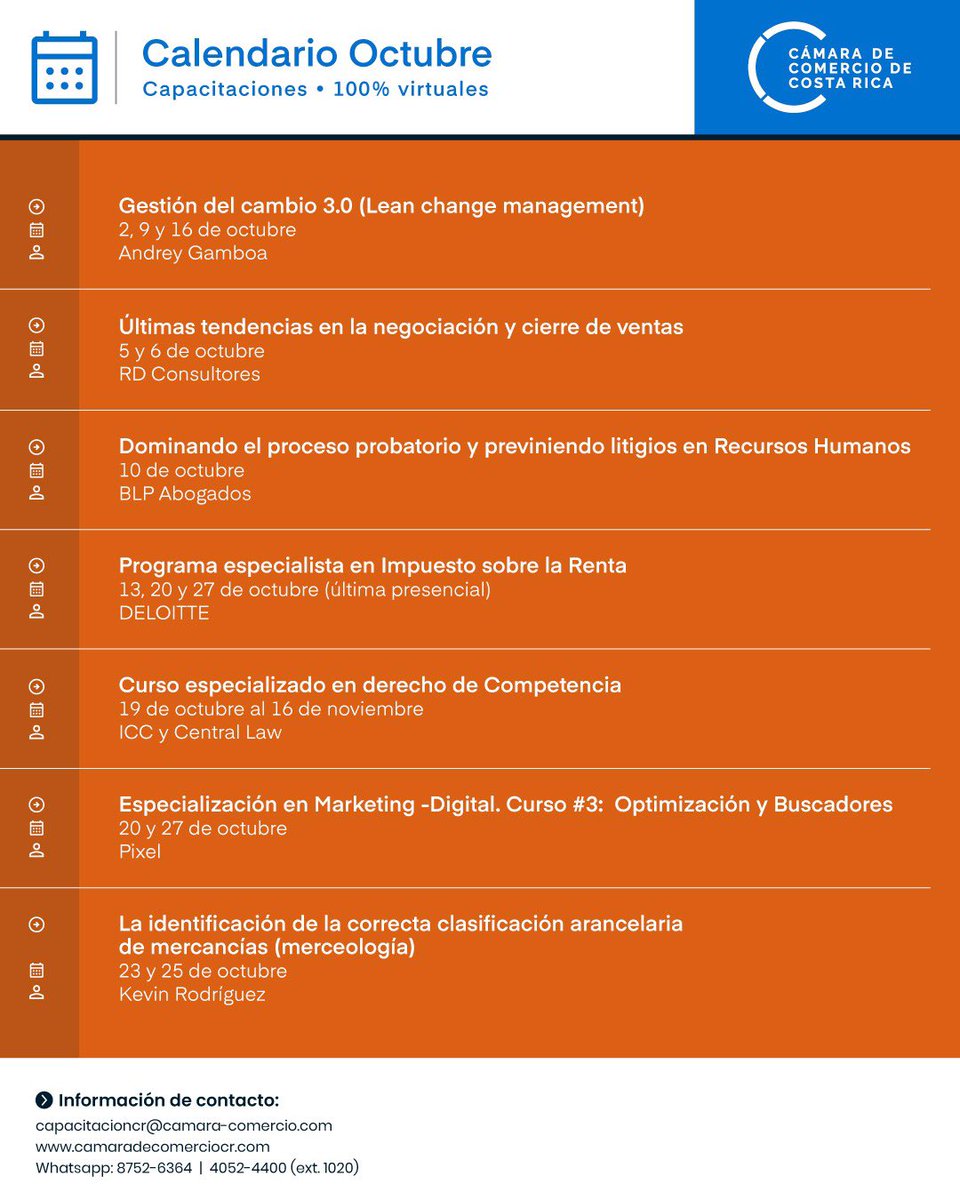 La Cámara de Comercio de Costa Rica y el Centro de Formación Empresarial Ángel Nieto Castro
le invita a participar de las capacitaciones que tenemos programadas para el mes de Octubre  de 2023.

Para ampliar información puede ingresar a: 
camaradecomerciocr.com