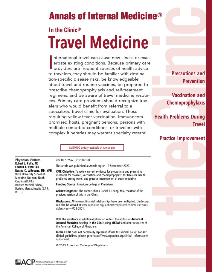 最新 In the Clinic
Travel Medicine

読み応え満載のレビューで以下を学べます
ー旅行前に必要な医療情報（CDC yellow book）
ー航空機、船利用で発症しうる病態
ー現地での水、食事、昆虫、動物対策
ー旅行前のワクチン

海外旅行者も増えてますので相談される機会も増えるかも!

#TravelMedicine