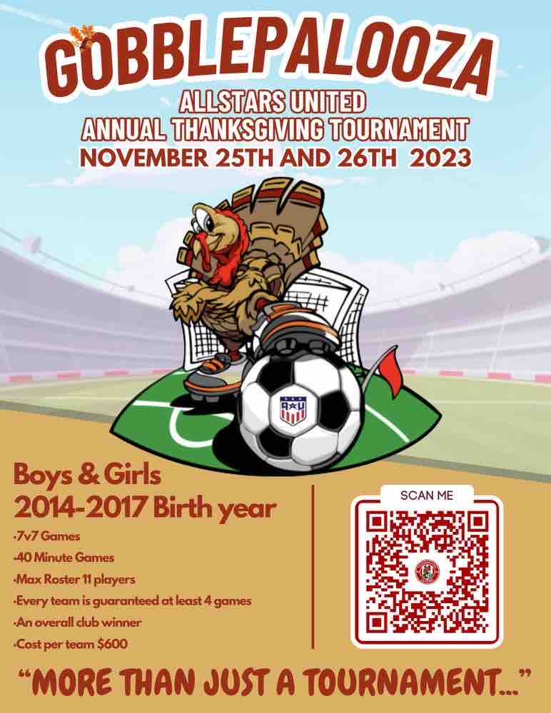 allstars_sc's tweet photo. We are excited to announce that on the 25th and 26th of November we will be hosting our Thanksgiving Classic tournament. Signup is open now through our website or scan the QR code on screen. More than just a tournament… #Allstars #WeAreAllstars #Gobblepalooza https://t.co/lYm2OUWVqT