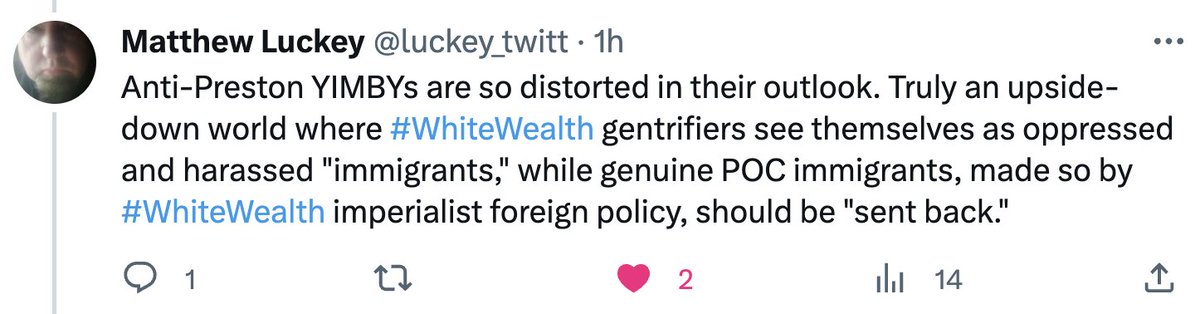 TimeToShineSF's tweet image. this guy gets it: tech bros are gentrifiers (immigrants that believe in capitalism).

we must keep them out, as only government can be trusted to manage capital.