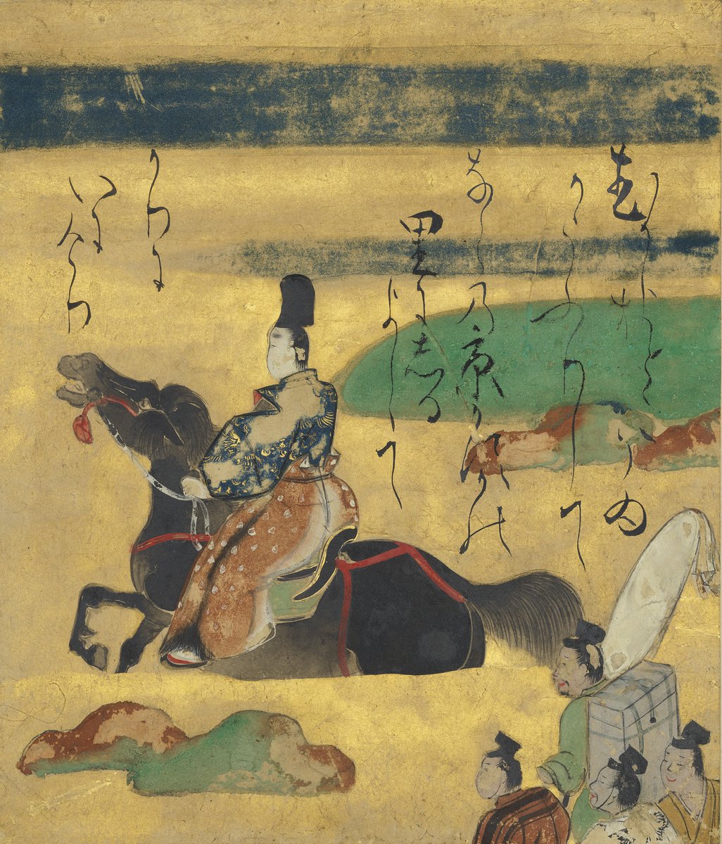 kuboso_museum's tweet photo. 在原業平が主人公のひとりとされる『#伊勢物語』。最初のお話である第一段は奈良の春日の里に住む美しい姉妹を業平が垣間見る場面が多く作られています。本作は春日の里に行く前、鷹狩に赴く姿を描いています。前足をあげて嘶く馬の姿からは若武者としての業平が想像されます。(前期展示)
#俵屋宗達 https://t.co/KnFUHBYXXS