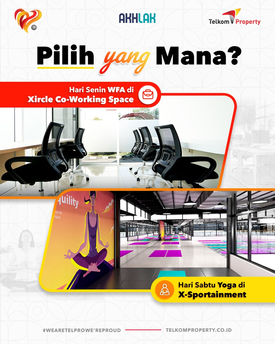 _telkomproperty's tweet photo. Waduh! Pertanyaan yang sulit yaa Propers.😁
Kira-kira kamu bakal pilih yang mana, WFA di Xircle Co-Working Space atau Olahraga di X-Sportainment? Coba kasih tau di bawah yaa!
#TelkomProperty
#TechLedPropertyCompany
#WeAreTelproWeAreProud https://t.co/MBGxYDVv0L