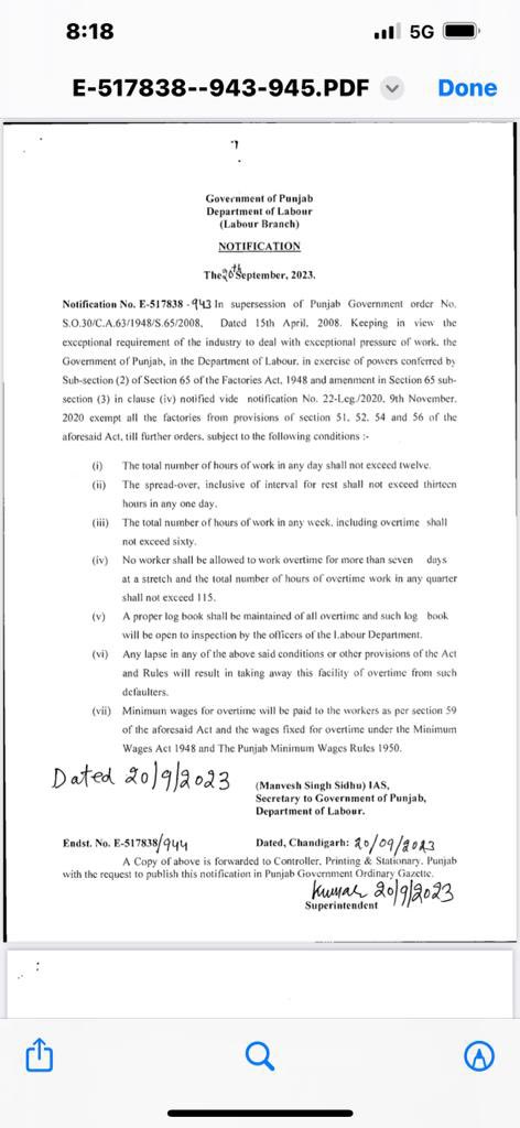 adPuneet79's tweet photo. 1/2 My sincere gratitude to the Hon’ble Chief Minister Punjab @BhagwantMann ji and Secretary Labour Mr Manvesh S Sidhu IAS for agreeing to my proposal, allowing all type of industries to deploy workforce on overtime work without seeking any prior exemption from Factories Deptt. https://t.co/ZzPcqq3tOs