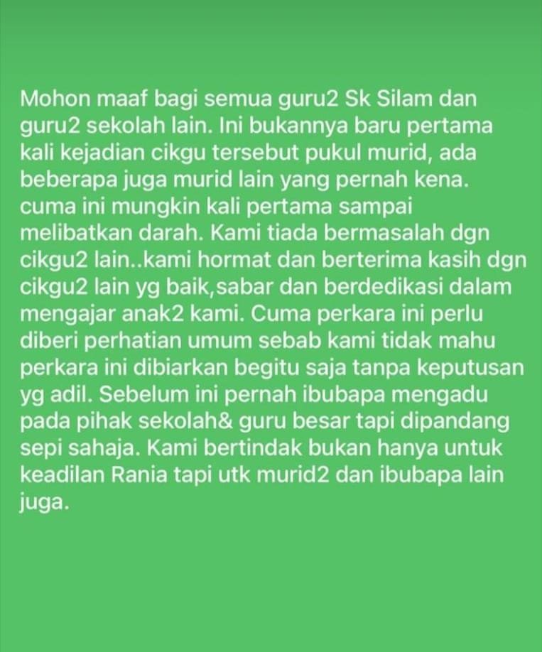 tiadaguru's tweet photo. TW: child abuse

Another horrifying teacher bully case has allegedly occurred:

A teacher (SK Silam, Lahad Datu, Sabah) hit a Standard 2 girl with a textbook until she bled. 

If true, where is disciplinary &amp; criminal action? Or another cover-up by school, PPD, JPN, MOE officers? https://t.co/m0PZkR2grB