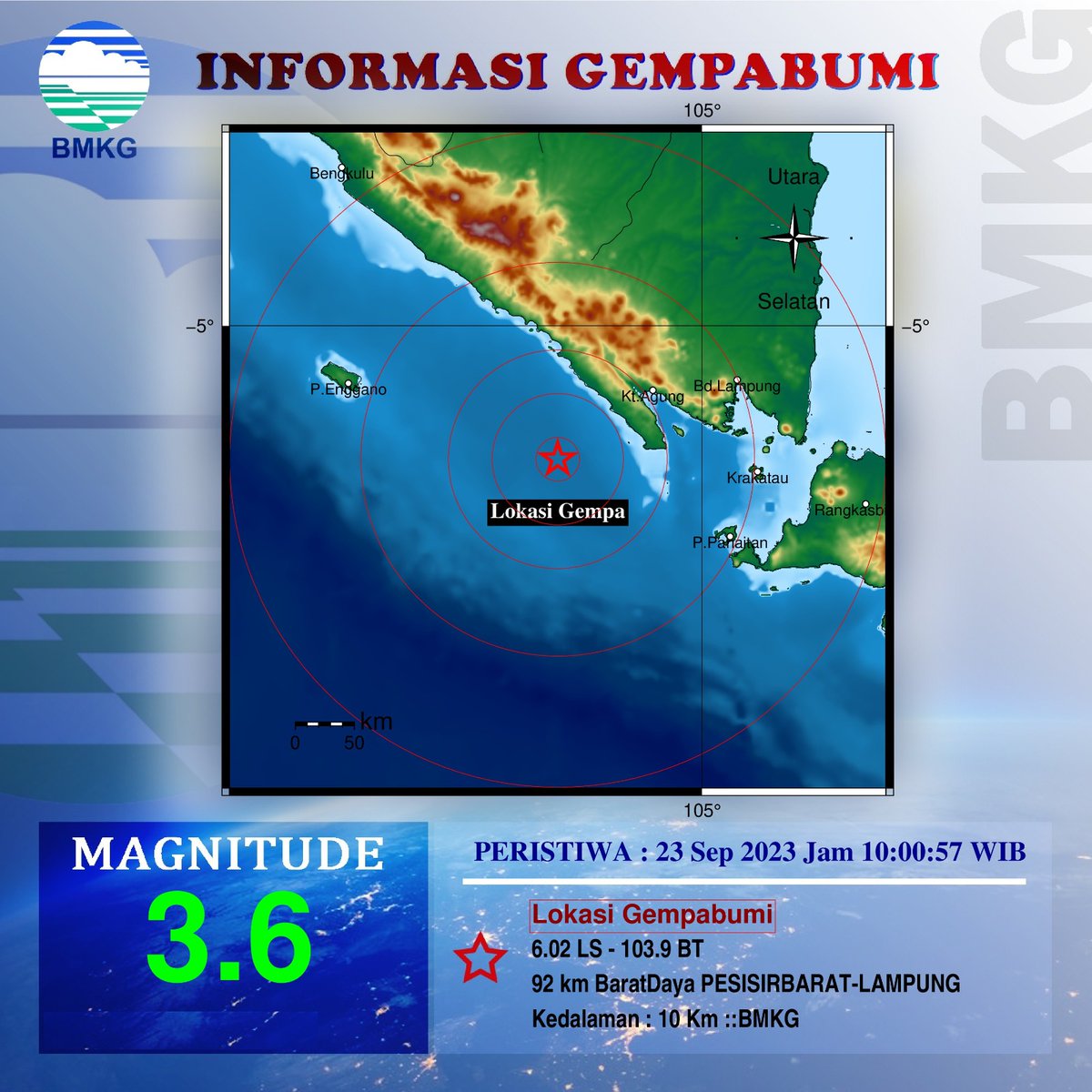 bmkgwilayah2's tweet photo. Info Gempa Mag:3.6, 23-Sep-23 10:00:57 WIB, Lok:6.02 LS - 103.90 BT (92 km BaratDaya PESISIRBARAT-LAMPUNG), Kedlmn: 10 Km ::BMKG https://t.co/SqbP2DHg6Z