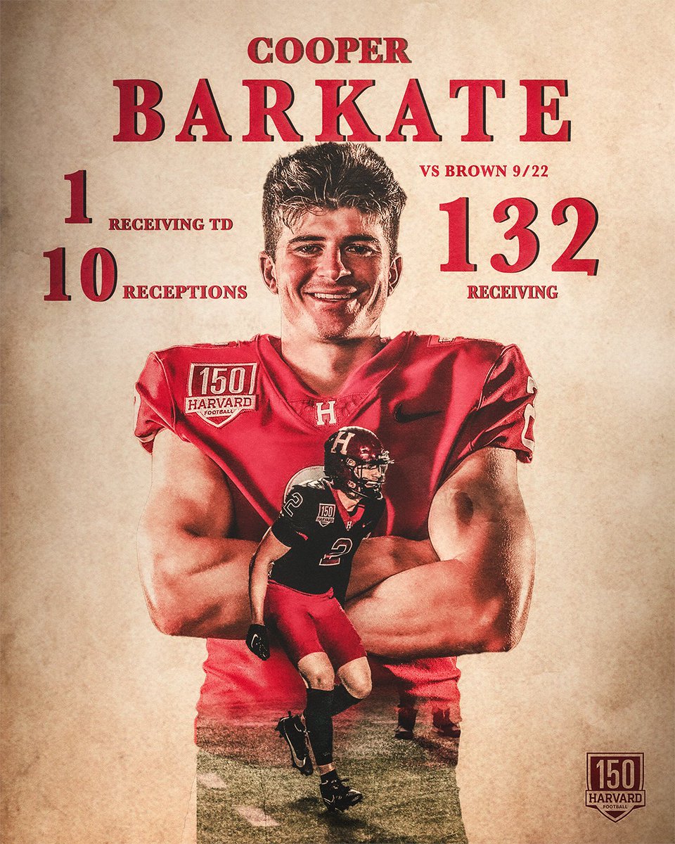 HarvardFootball's tweet photo. 📈 Career Days 📈

🏈 Cooper Barkate: 10 REC, 132 YDS, 1 REC TD

🏈 Shane McLaughlin: 16 RUSH, 152 YDS, 1 RUSH TD, 1 REC TD

#GoCrimson x #HarvardFootball150 https://t.co/ylvkBaskN4