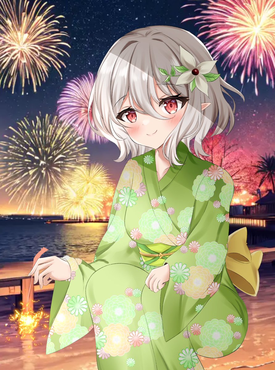 kokkoro (princess connect!) fireworks 1girl green kimono japanese clothes solo kimono pointy ears  illustration images