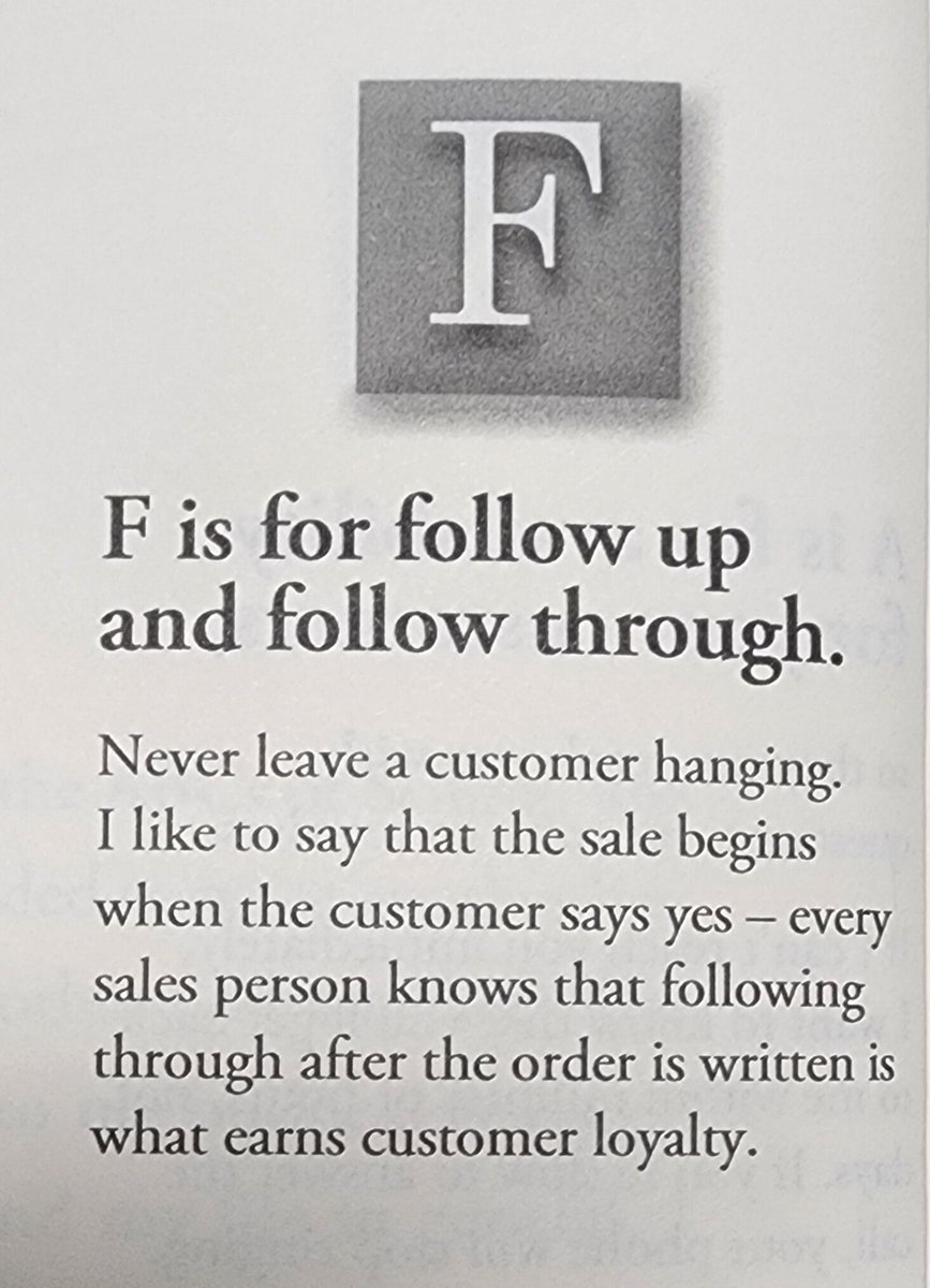 FlowingDesert's tweet photo. F is for ...

Follow-up and Follow-through. 

This is a snippet of wisdom from Harvey Mackay's book The ABCs of Business, and specifically the section ABCs of Selling, and some gems apply well beyond salespeople.

I'm sure I am not the only person who gets tired of some businesse https://t.co/iaCCquq5Cr