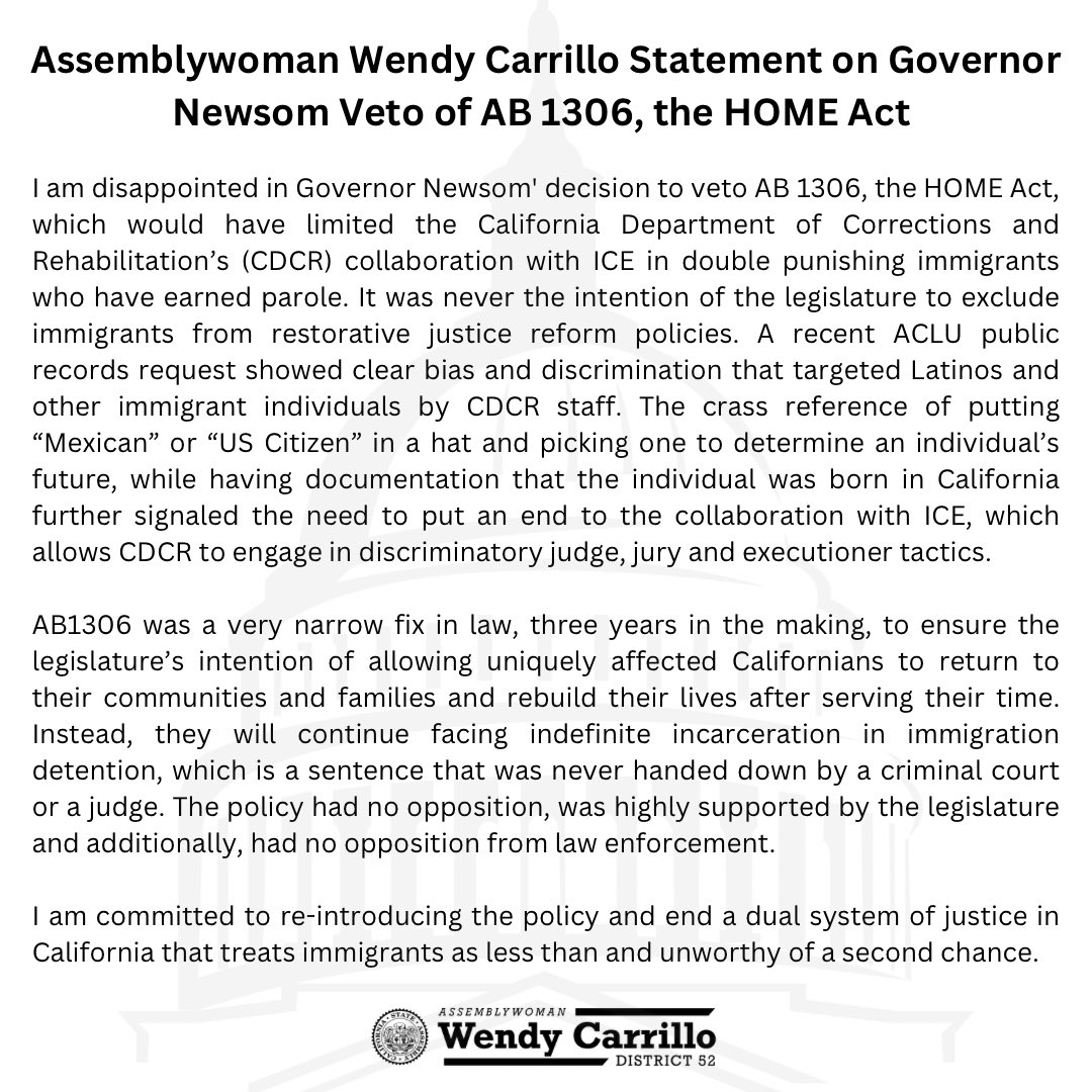 My statement of @CAgovernor @GavinNewsom veto of #AB1306, the HOME Act to #StopICEtransfers: