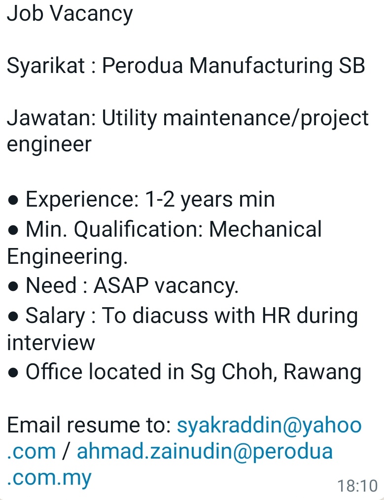 Perhatian Degree Engineering Holder. Ada jawatan kosong di Perodua Manufacturing Info kat gambar