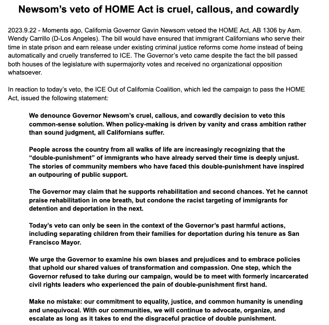 iceoutofca's tweet photo. We are outraged by @GavinNewsom's veto of the #HOMEAct, AB 1306 by @AsmCarrillo!

The Governor's decision is cruel, callous, and cowardly. 

When policy-making is driven by vanity and crass ambition rather than sound judgment, all Californians suffer. 

Our full statement ⬇️ https://t.co/8rI3qpcZmv
