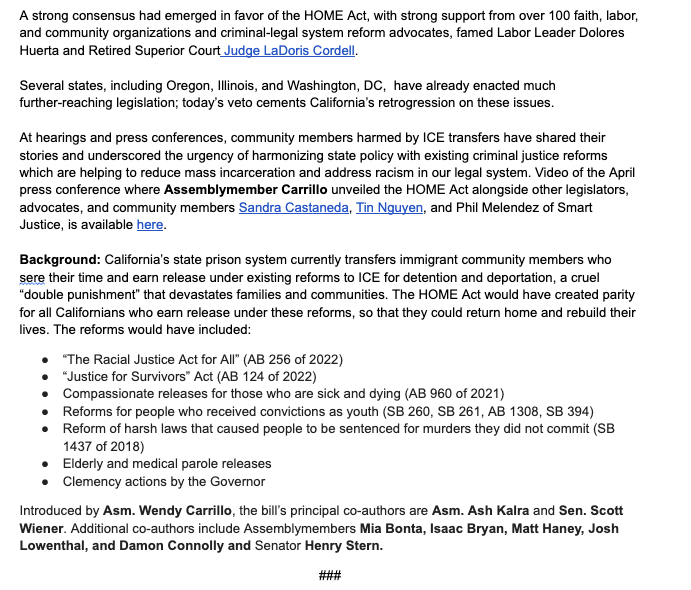 We are outraged by <a href="/GavinNewsom/">Gavin Newsom</a>'s veto of the #HOMEAct, AB 1306 by <a href="/AsmCarrillo/">Wendy Carrillo</a>!

The Governor's decision is cruel, callous, and cowardly. 

When policy-making is driven by vanity and crass ambition rather than sound judgment, all Californians suffer. 

Our full statement ⬇️