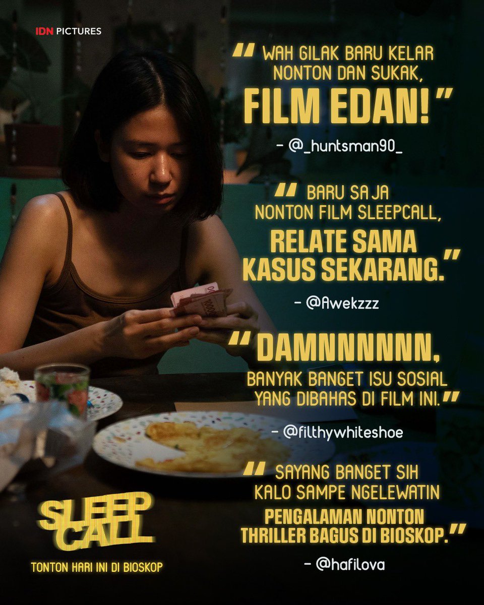 IDNPictures's tweet photo. Ayo nonton film Sleep Call di bioskop hari ini.
Cinematic experience ini wajib kamu saksikan di bioskop. Jangan sampai terlewat.
Beli tiketnya sekarang. Ajak teman-teman kamu semuanya mumpung libur akhir pekan.
#SleepCall #FilmSleepCall https://t.co/3Os2lvkd3s