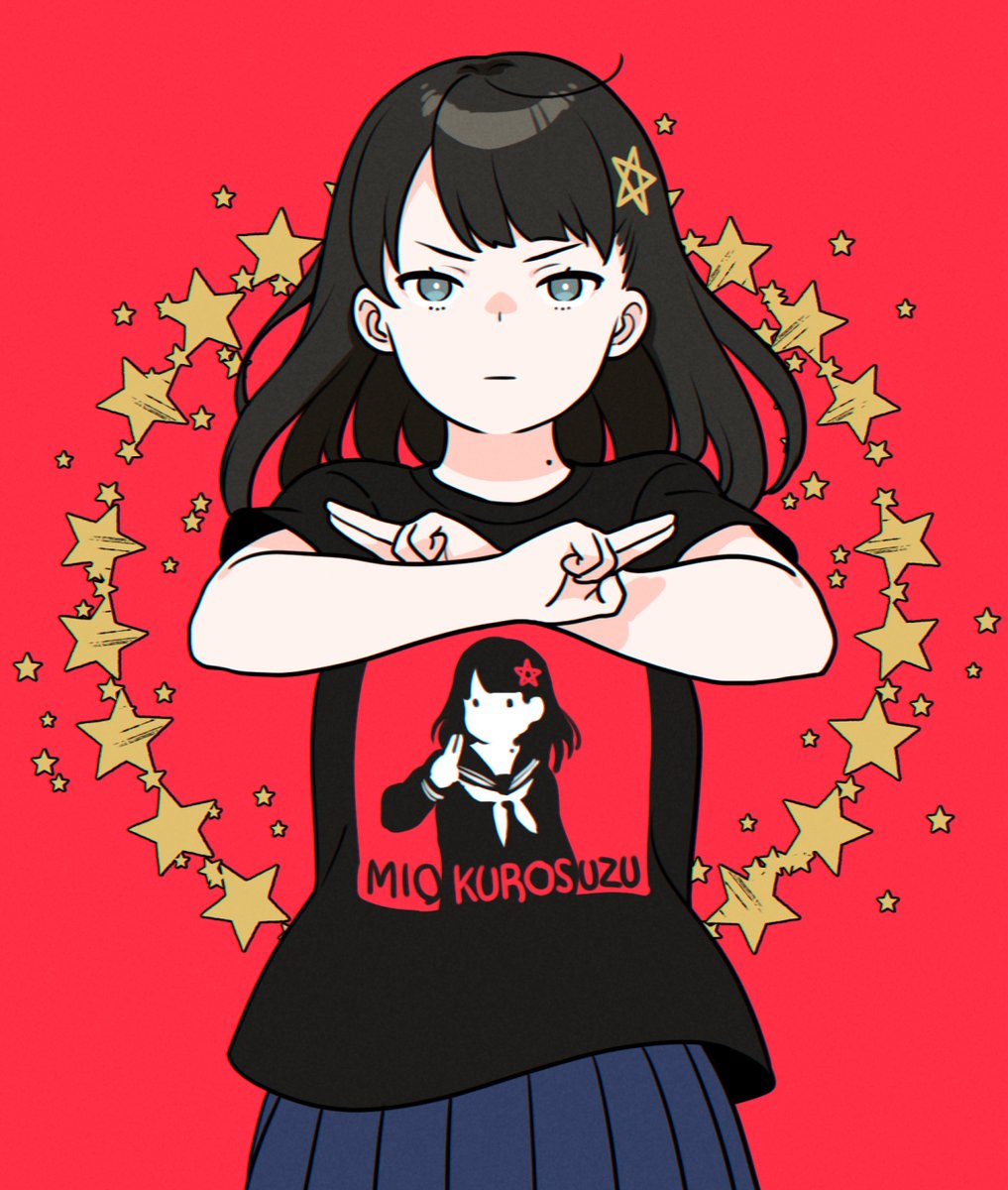 1girl skirt solo black hair star (symbol) shirt red background  illustration images