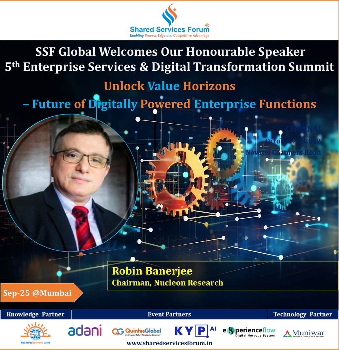 SSF_Global's tweet photo. #SSFGlobal warmly Welcomes our honorable Speaker Robin Banerjee at the 5th Enterprise Services &amp; Digital Transformation Summit
Sep-25-26 [Mumbai &amp; Ahmedabad]
on the theme:
Unlock Value Horizons – Future of #DigitallyPowered #EnterpriseFunctions
Register: https://t.co/g3f17M4Xiw https://t.co/anMWe2sMrR