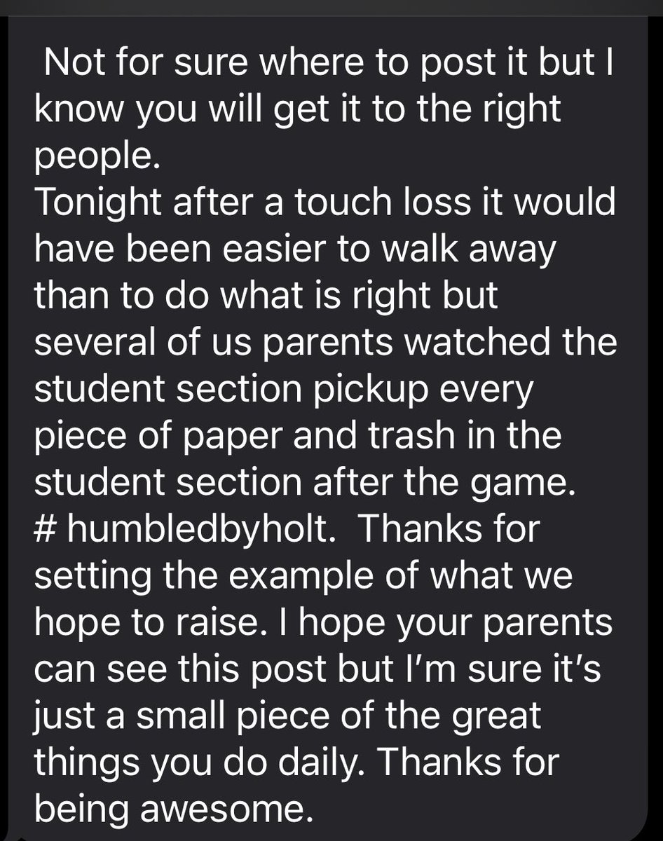 Shout out to <a href="/HoltSection/">Holt Student Section</a> you have been great this year!   Here is a message sent to one of our parents.  We see and appreciate you! #betheexample