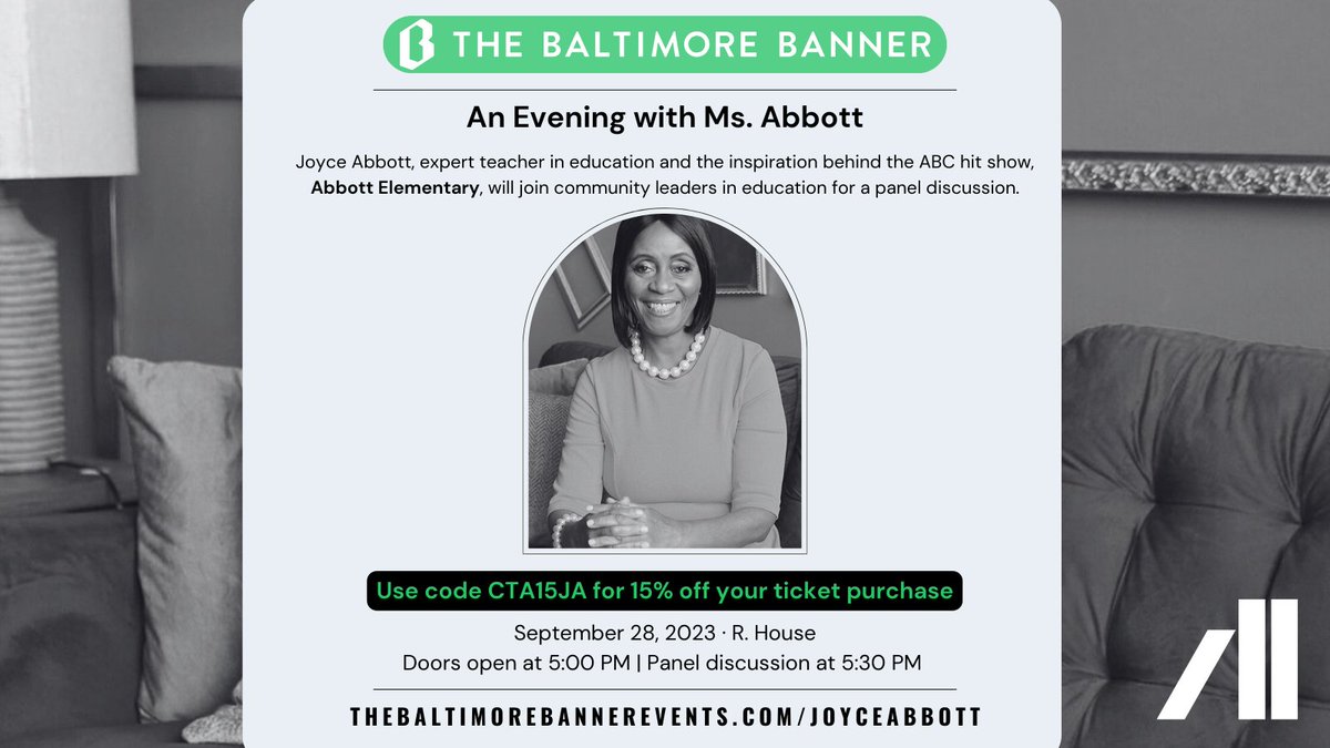 The Baltimore Banner is excited to present An Evening with Joyce Abbott on Thursday, September 28, 2023. Use code CTA15JA for 15% off. Learn from Ms. Abbott, expert teacher & the inspiration behind the hit show, Abbott Elementary. 🎟️ 🎟️ : bit.ly/48anwBG
