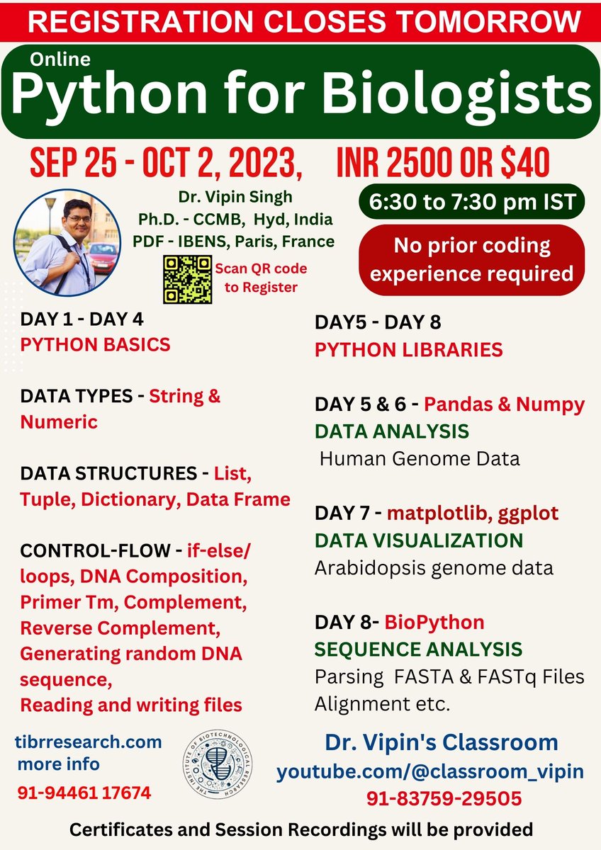 DrNobleKKurian's tweet image. Registration will close tomorrow #Python_for_Biologists #Dr Vipin&apos;s Workshop #Biologists_must_code
For reviews and registration - sites.google.com/site/vipinscla…