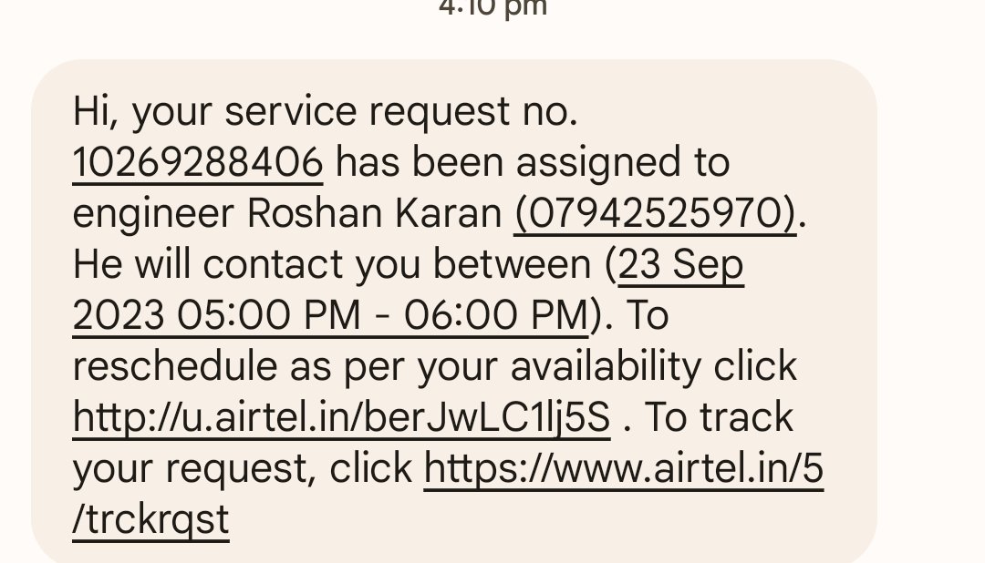 @airtelindia @Airtel_Presence
As per the message issue needs to be resolved by 23 now miserable  #airtel saying 24 sep @jagograhakjago @TRAI @DoT_India @JioCare @AshwiniVaishnaw #Aapkiapnijagriti #Jagritiaagay @IndianStandards