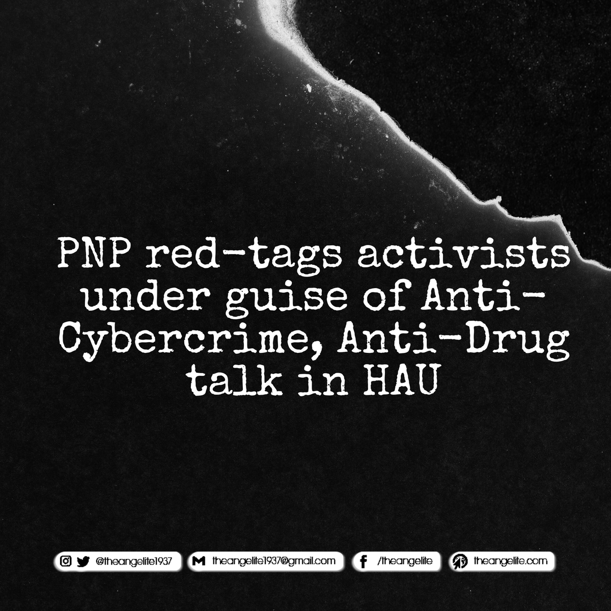 theangelite1937's tweet photo. PNP red-tags activists under guise of Anti-Cybercrime, Anti-Drug talk in HAU

The  PNP PRO3 labels activists as part of communist-terrorist groups in a supposed to be seminar on anti-cybercrime and anti-drugs measure laws at the SJH Academic Hall of HAU yesterday, September 22. https://t.co/Z9ZM6tFkqz