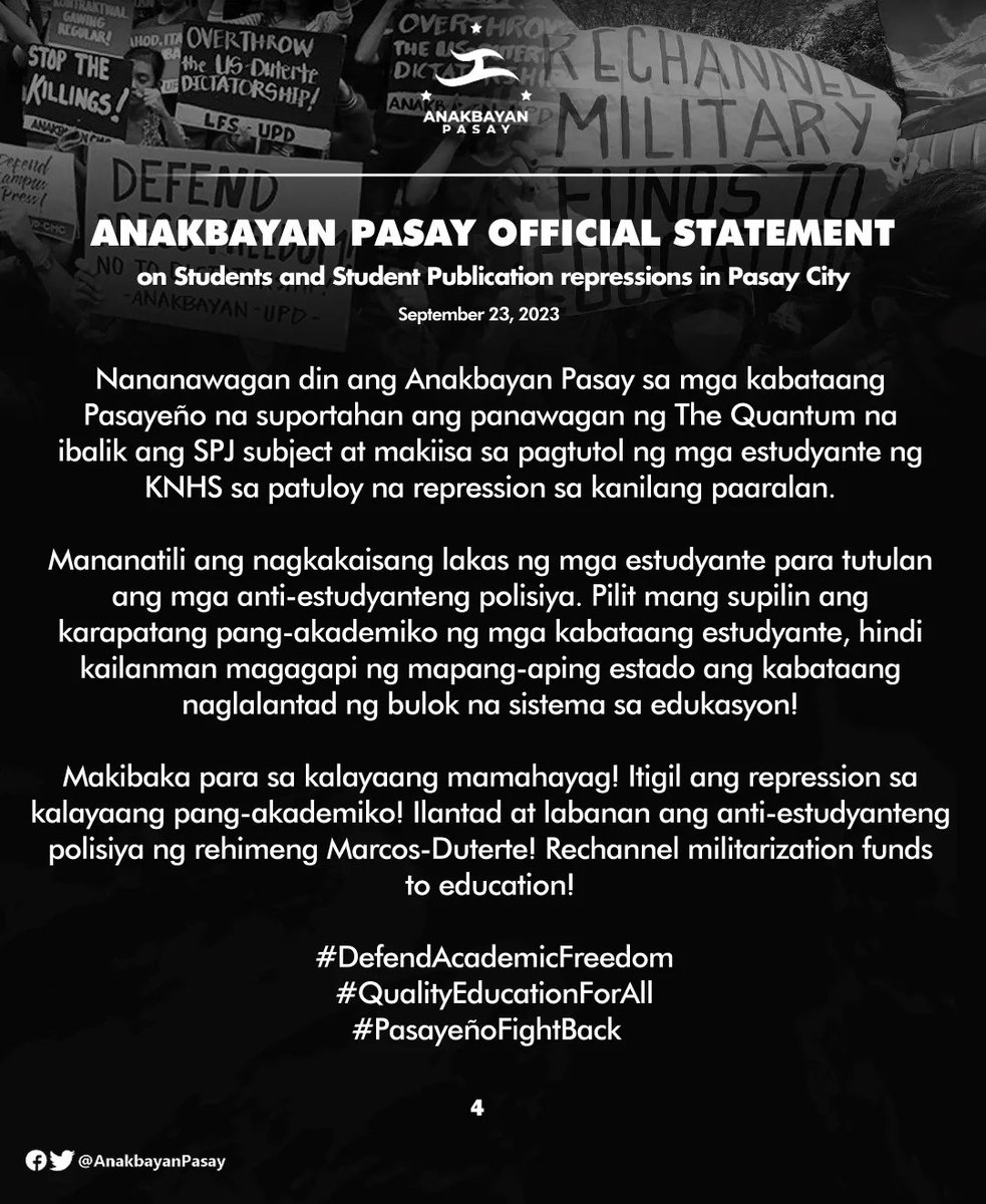 Anakbayan Pasay on Students and Student Publication repressions in Pasay City.

Official Statement
September 23, 2022

#DefendAcademicFreedom
#QualityEducationForAll
#PasayeñoFightBack