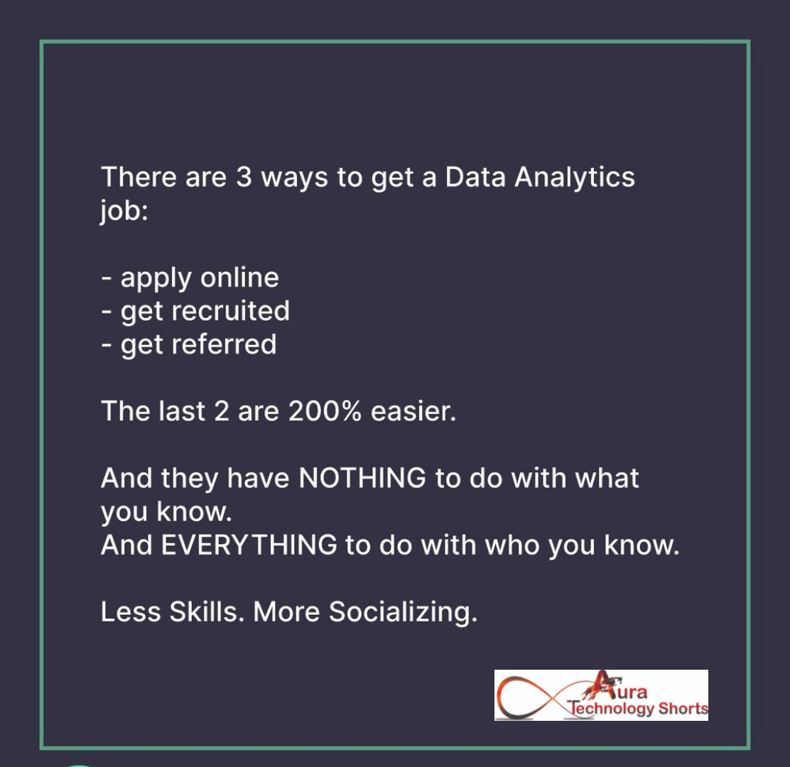 There are 3 ways to get a data analytics job
........... 
#DataAnalytics, #DataJobs, #AnalyticsCareer, #DataCareer, #DataCareers, #AnalyticsJobs, #DataAnalyticsJobs, #DataAnalysisJobs, #AnalyticsProfessionals, #DataAnalysts