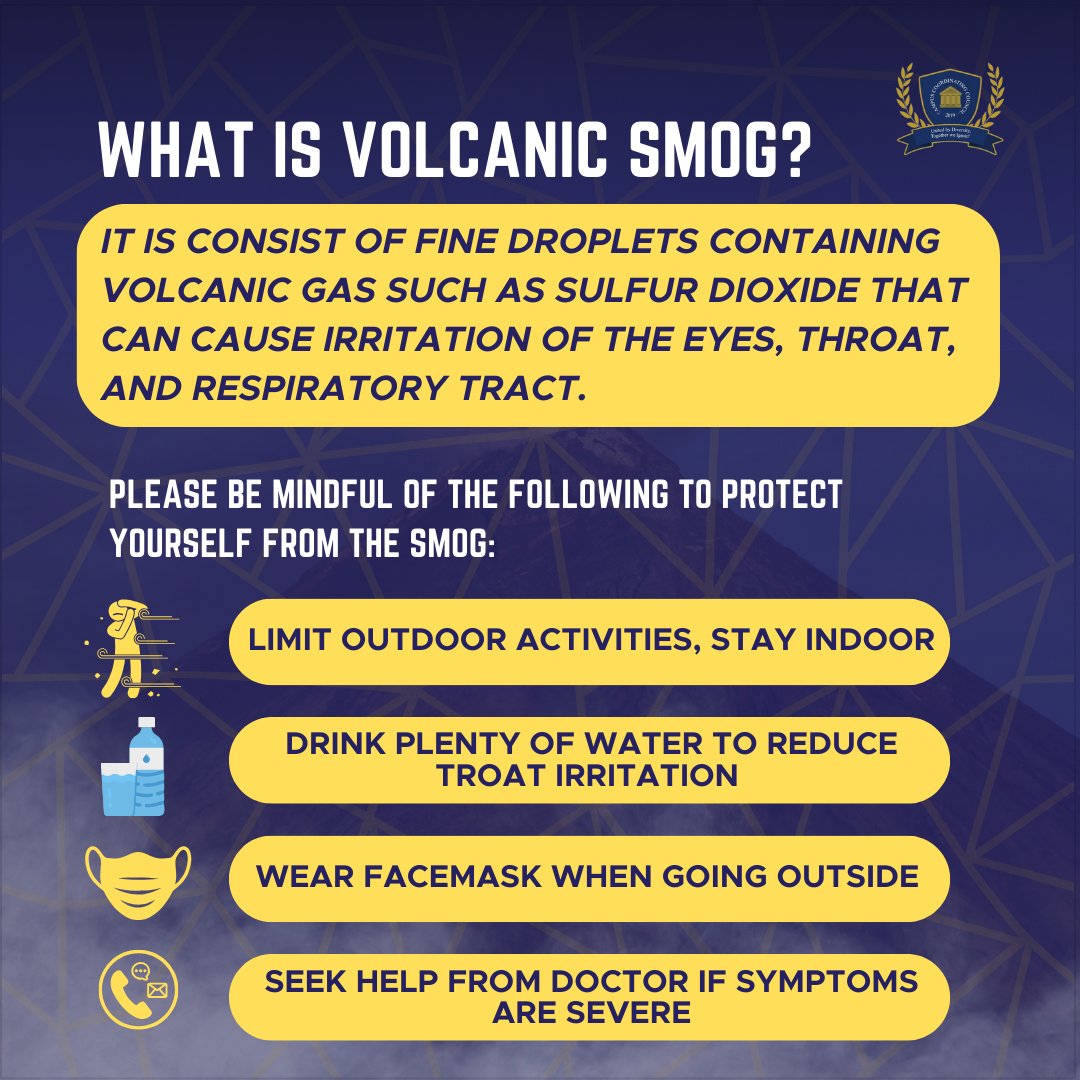 umakccc's tweet photo. “Guarding Against Volcanic Smog: A Comprehensive Approach to Safety During an Alert 📷📷 

The precautionary measures are listed below:   

1. 𝐒𝐭𝐚𝐲 𝐈𝐧𝐝𝐨𝐨𝐫𝐬: If the volcanic smog alert is active, it’s safest to stay indoors as much as possible. https://t.co/YspOGV3Bdj