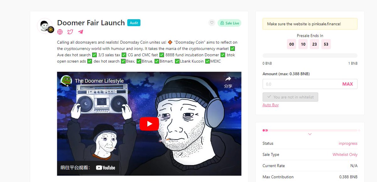 The contract audit has passed and the presale has started. Join us and get the whitelist to start making money, guys.😍😍

  Presale link：pinksale.finance/launchpad/0xBe…