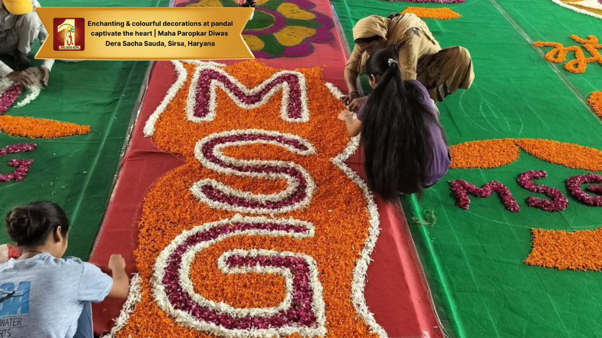 DSSNewsUpdates's tweet photo. A symphony of colors and textures has been meticulously woven into the fabric of the satsang pandal, leaving every onlooker spellbound. The #MahaParopkarDiwas Bhandara celebrations have turned into a visual masterpiece that's stealing hearts and minds alike.

#DeraSachaSauda #33rdGuruGaddiDiwas #SaintDrMSG