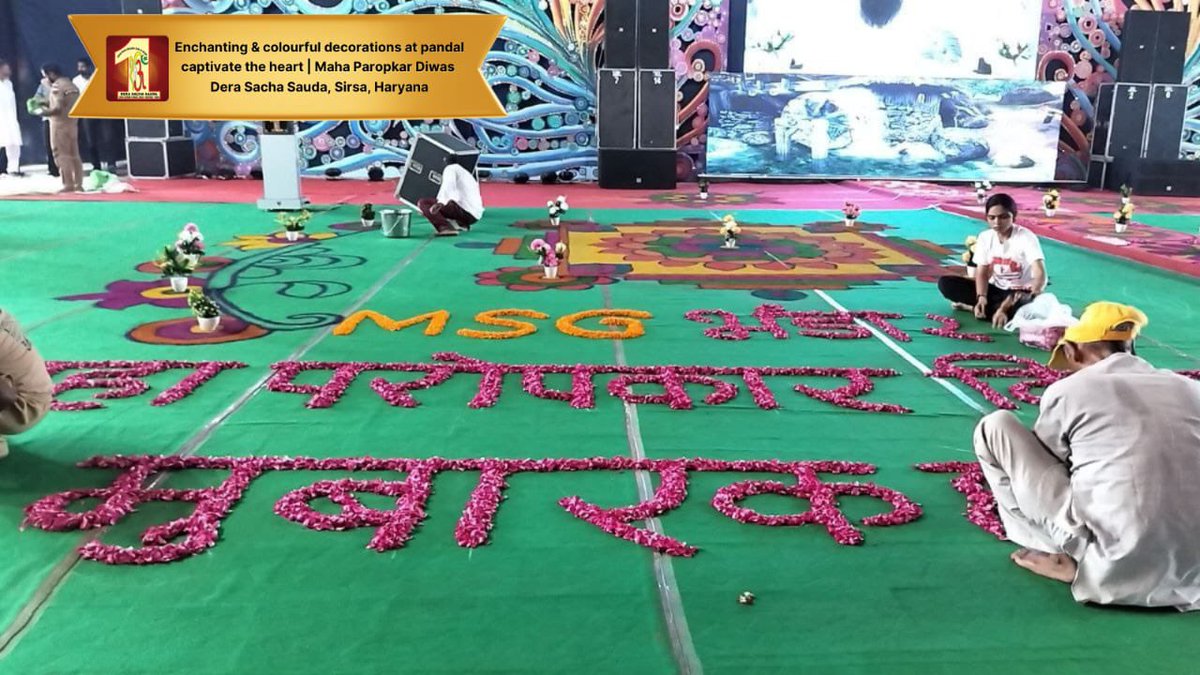 DSSNewsUpdates's tweet photo. A symphony of colors and textures has been meticulously woven into the fabric of the satsang pandal, leaving every onlooker spellbound. The #MahaParopkarDiwas Bhandara celebrations have turned into a visual masterpiece that's stealing hearts and minds alike.

#DeraSachaSauda #33rdGuruGaddiDiwas #SaintDrMSG