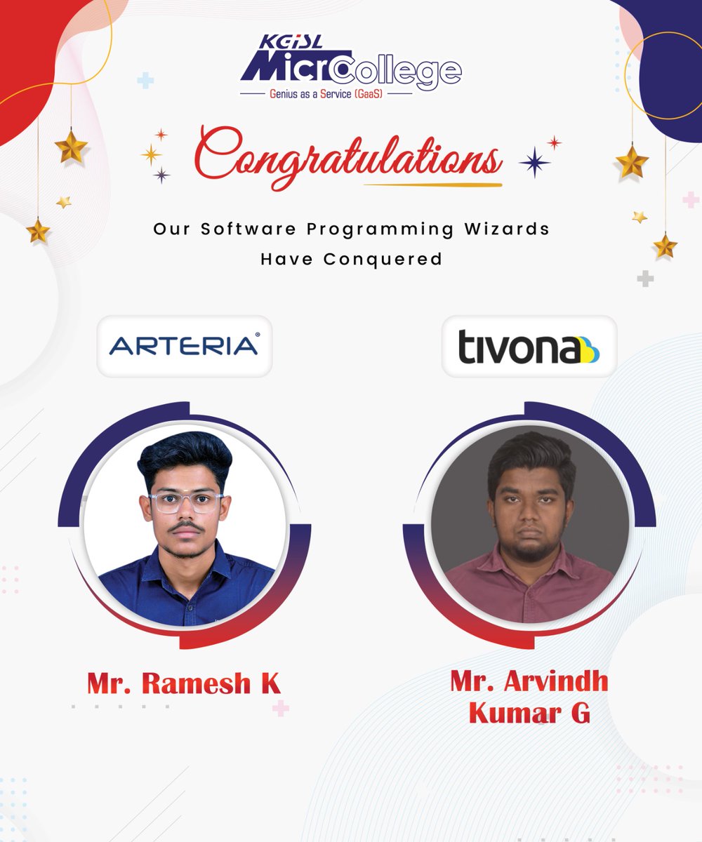 MicroCollegeOfl's tweet image. Congrats Mr. Ramesh K and Mr. Arvindh Kumar G on your placements! Here’s to your future coding conquests!
#KGiSLMicroCollege #SoftwareProgramming #Careers #Jobs #Placements2023 #ALTED #Coimbatore