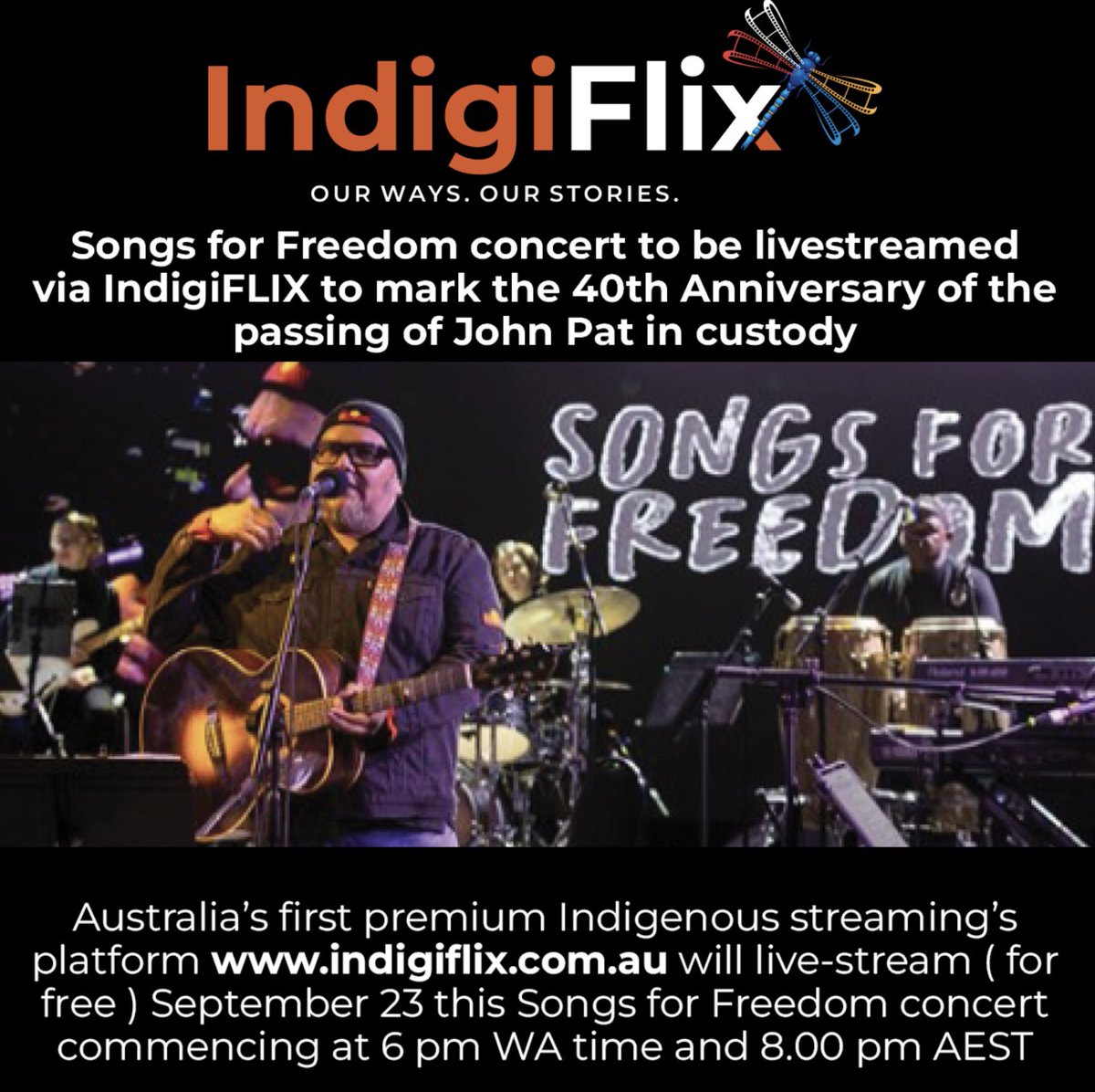 Indigi_FLIX's tweet photo. 8.00 pm AEST And the Songs for Freedom concert is just about to start

Watch here 

https://t.co/rDHJRA3zZQ https://t.co/ae16Wp25hB