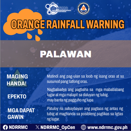 NDRRMC_OpCen's tweet photo. NDRRMC(23Sept23, 5:14PM) Orange Rainfall Warning sa Palawan. Nagbabanta ang matinding pag-ulan, pagbaha at pagguho ng lupa. https://t.co/cvJlDIu70a