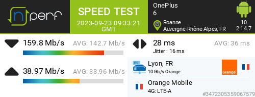 Ari33260's tweet image. ↓160 Mb/s ↑39 Mb/s, ⇄ 28 ms / mobile:Orange Mobile / #OnePlus6 / #nPerf v2.14.7 /

Mermoz - Roanne #4GOrange