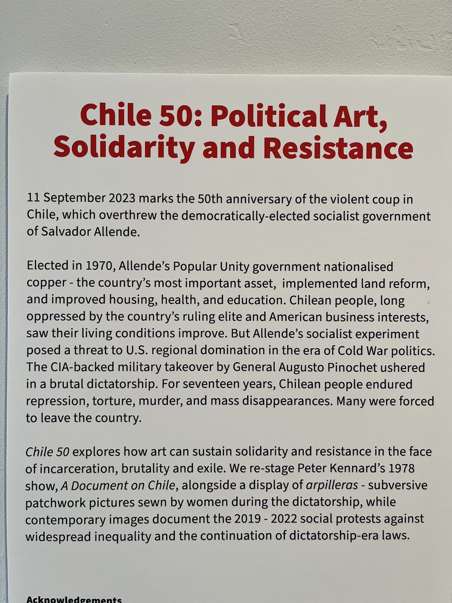 TomHunterArt's tweet photo. Great exhibition @FourCornersE2 gallery by @peterkennardx marking the bloody & brutal coup by General Pinochet in 1973 in Chile. Very informative about how the dictator killed and suppressed the civilian population and how the CIA and the west help him, sicking. #art #politicts https://t.co/fUp21QIfPt