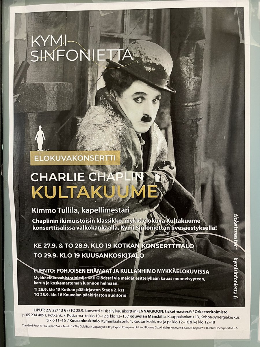 Ensi viikolla Chaplinia Kotkassa (ke, to) ja Kuusankoskella (pe). Esitelmät Kotkassa (ti) ja Kouvolassa (to). #kymisinfonietta