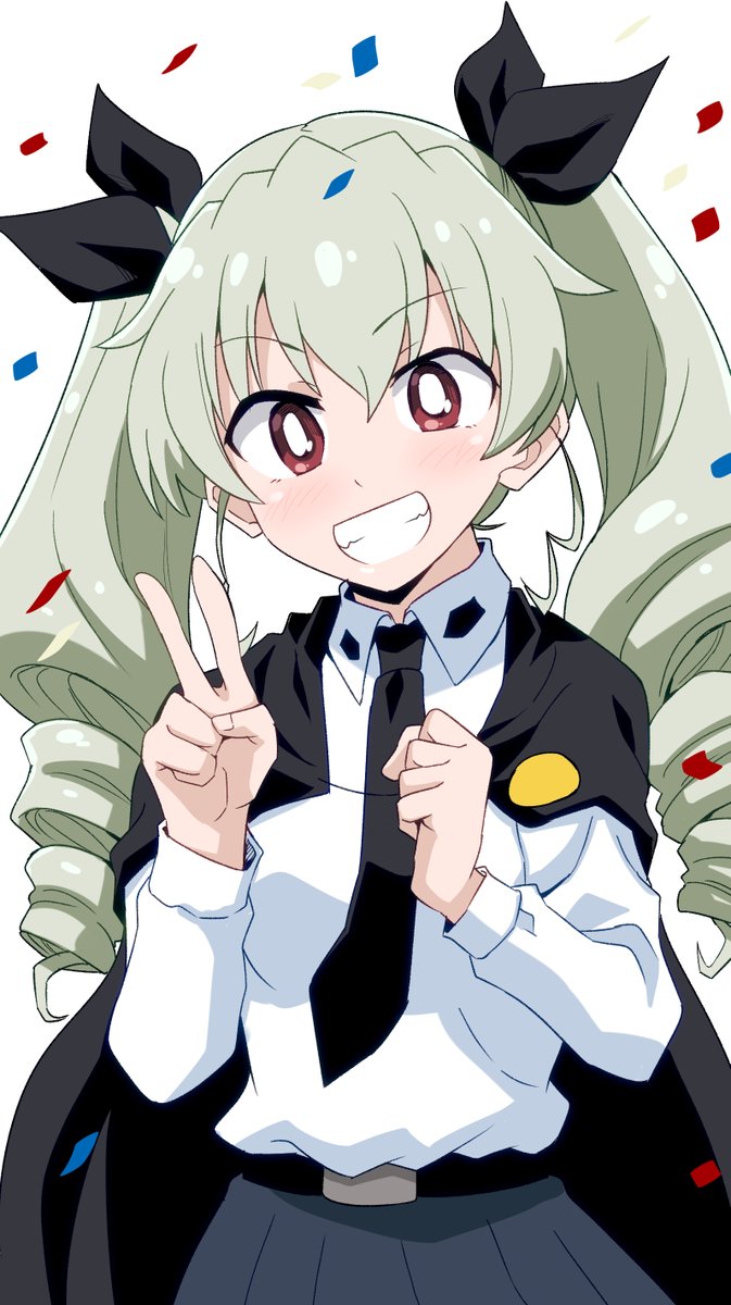 anchovy (girls und panzer) 1girl solo white pupils green hair bright pupils necktie smile  illustration images