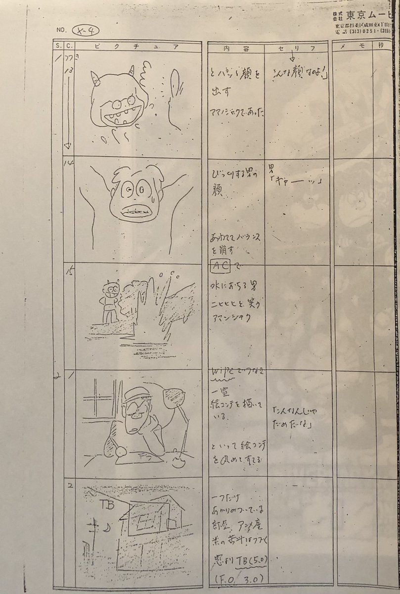 AX7RmjoQ2P9d5J9's tweet photo. こんなの出て来たシリーズ
「東京ムービー　養成テキスト用絵コンテ」   何時ごろ誰が作成したのか詳細不明　　ラス前にあの方が！ https://t.co/uU1ziyrIBz