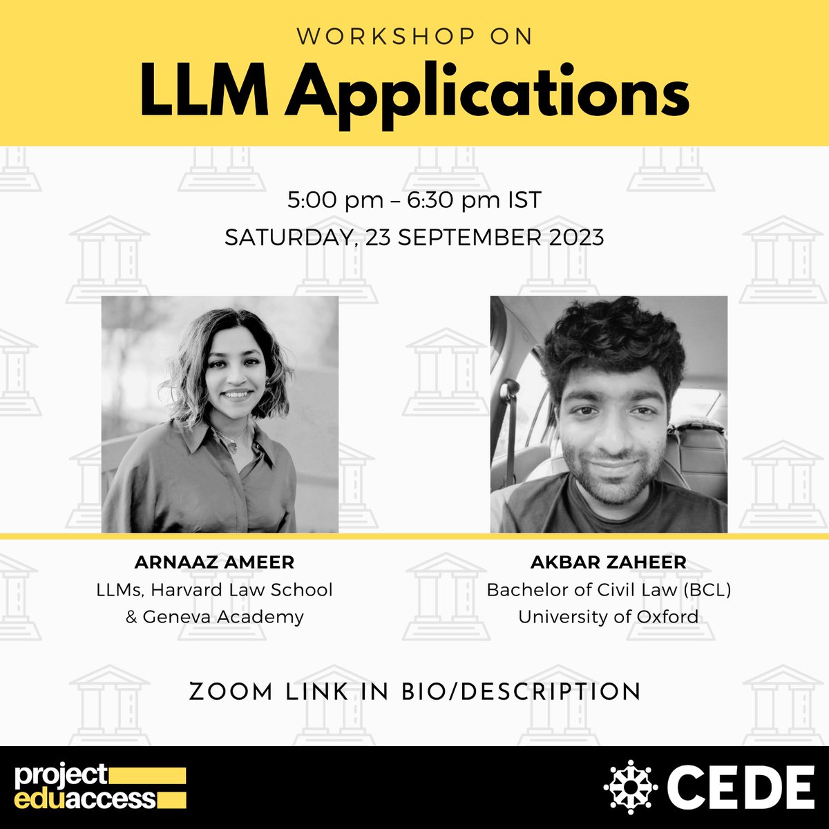 *Workshop on LLM Applications*

Project EduAccess and CEDE are pleased to organise a workshop on LLM applications today, 23 September 2023 from 5.00 PM – 6.30 PM IST.

Zoom Link :- rhodeshouse-ox-ac-uk.zoom.us/j/82023336660

Please Join in large numbers.