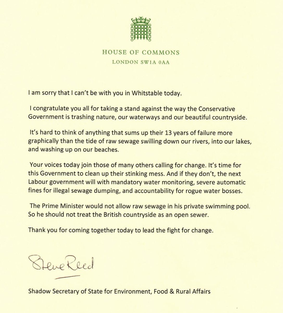 Shadow Cabinet member for DEFRA <a href="/SteveReedMP/">Steve Reed</a> has sent a letter of support to <a href="/SOSWhitstable/">SOS Whitstable</a> ahead of the protest this afternoon. We will see you all there!!!