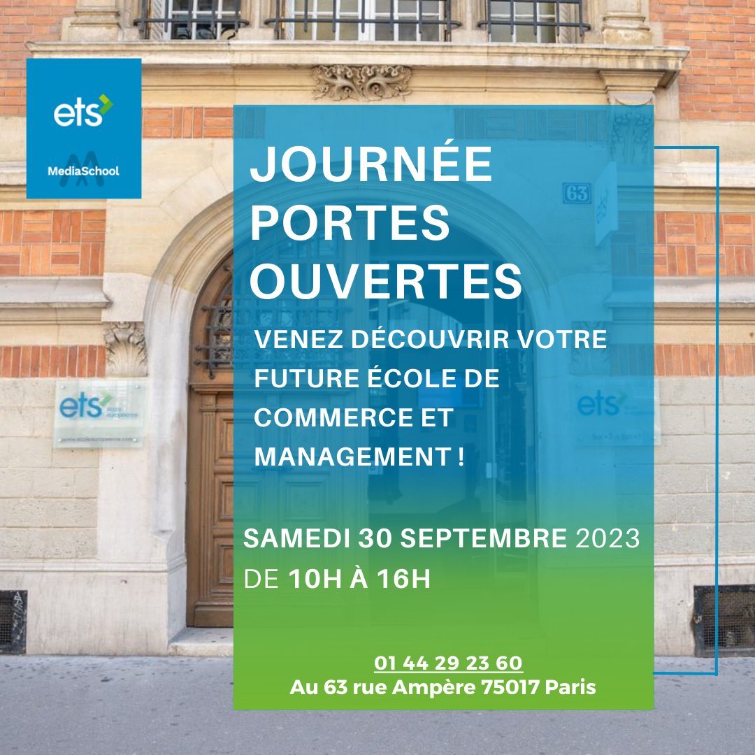 🎓 À la recherche de votre école pour cette nouvelle année scolaire ? Ne cherchez plus !

🗓️ Samedi 30 septembre 2023, de 10h à 16h, nous vous accueillons chaleureusement au 63 rue Ampère, 75017 Paris.

#JournéePortesOuvertes #Rentrée2023 #FormationProfessionnelle #ETS