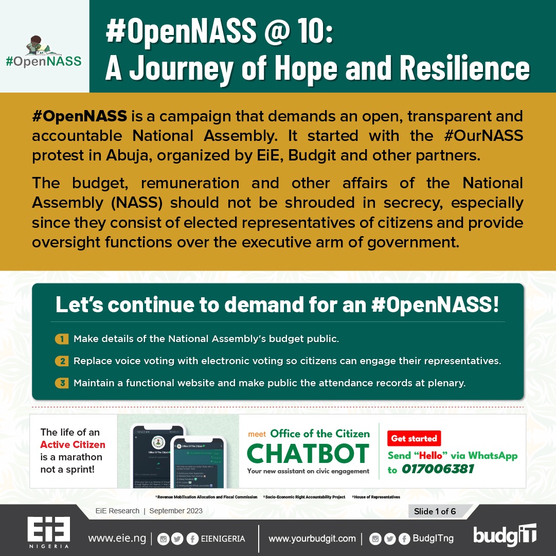 EiENigeria's tweet photo. 🎉 Today marks a decade of pushing for transparency and accountability in the @nassnigeria! 🏛️
🕊️ From #OurNASS to #OpenNASS. 📢 Here's a timeline infograph capturing the 10-year quest for an #OpenNASS! https://t.co/henU75zAX5