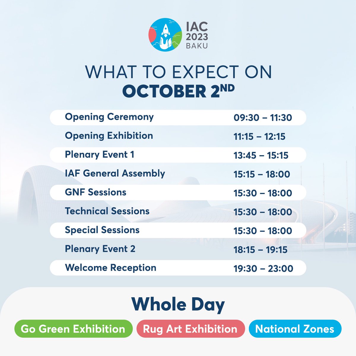 Iac2023's tweet photo. Curious about what is planned for the first day of the #IAC2023? Get ready, because we're about to give you a sneak peek into our exciting plan! 
Register via the link in our bio and hop on board! Stay tuned for the launch! 🚀😊 https://t.co/vbWu6zDaRv