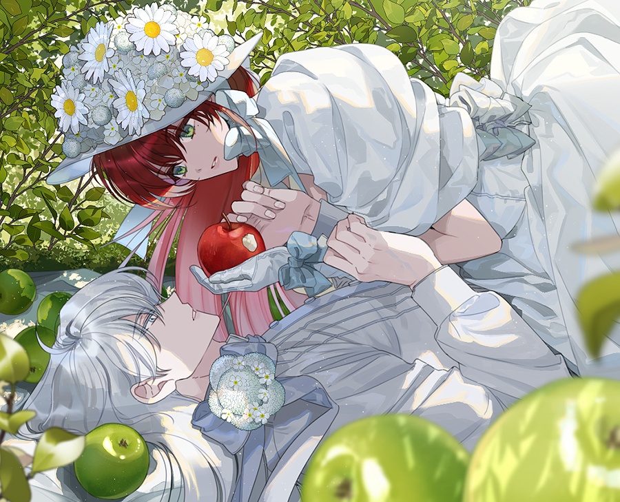 1girl 1boy food fruit dress gloves flower  illustration images