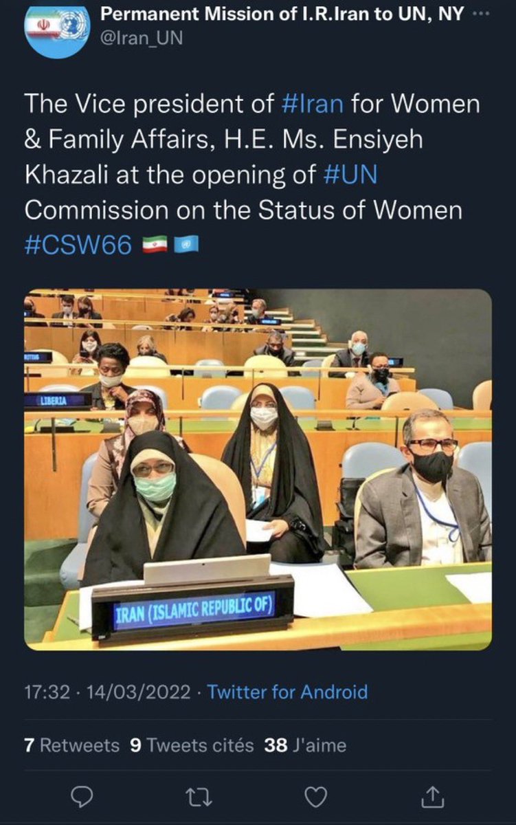 Tout comme @ONU_fr avait choisi de convier à l'ouverture de la Commission des Nations Unies sur le statut des femmes #CSW66 🇮🇷🇺🇳 en Mars 2022 'la vice-présidente de l'Iran pour les affaires féminines et familiales' S.E. Mme Ensiyeh Khazali 

Des clowns de compétition ….