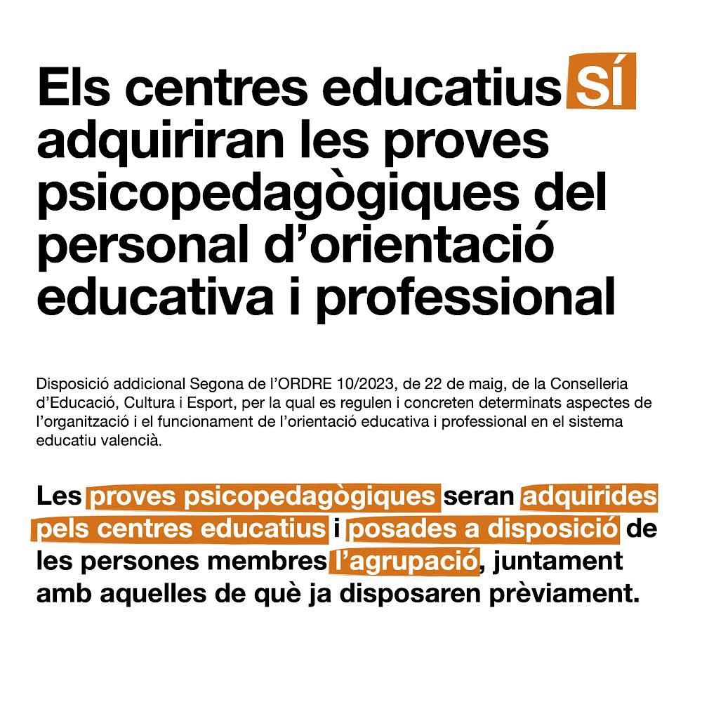 Disposició addicional 2 de l’ORDRE 10/2023, de 22 de maig, de <a href="/GVAeducacio/">GVA Educació</a> ORIENTACIÓ EDUCATIVA

Les proves psicopedagògiques seran adquirides pels centres educatius i posades a disposició de les persones membres l’agrupació, juntament amb aquelles de què ja disposaren prèviament