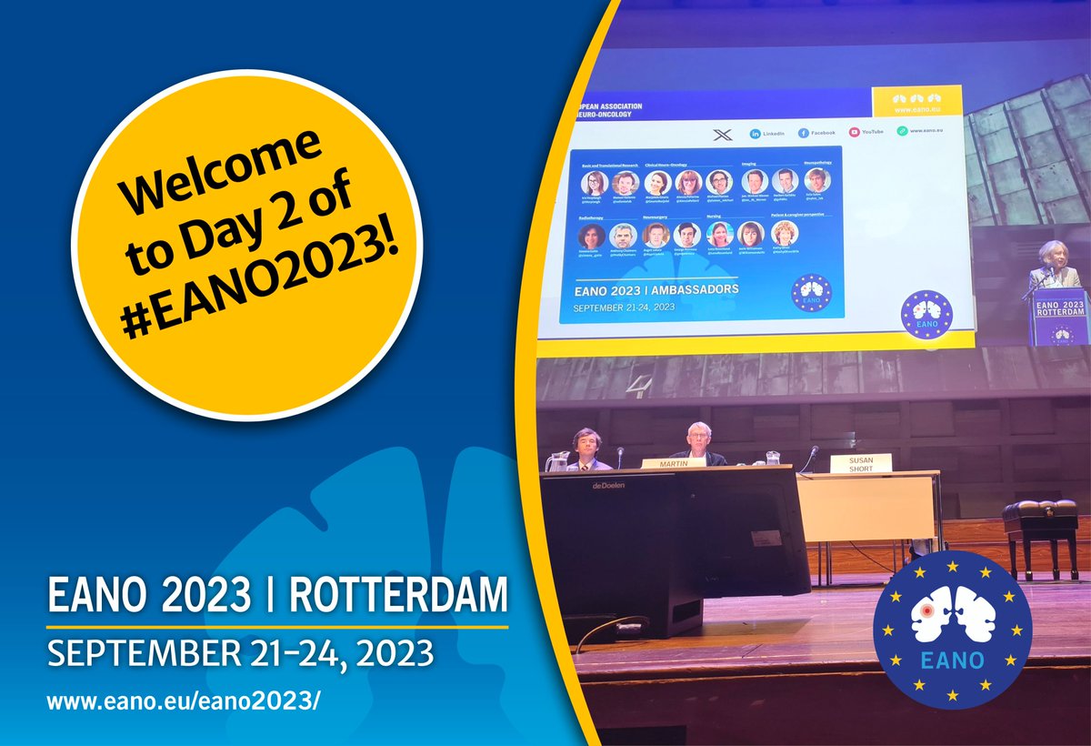Welcome to Day 2 of #EANO2023. We are looking forward to a fully packed programme with Award Winning Abstracts, Joint Session EANO-SNO, Youngster Sessions and Networking, Posters &amp; Poster Pitches. #btsm #NeuroOncology #NeuroSurgery #Glioblastoma <a href="/OncoAlert/">OncoAlert</a>
