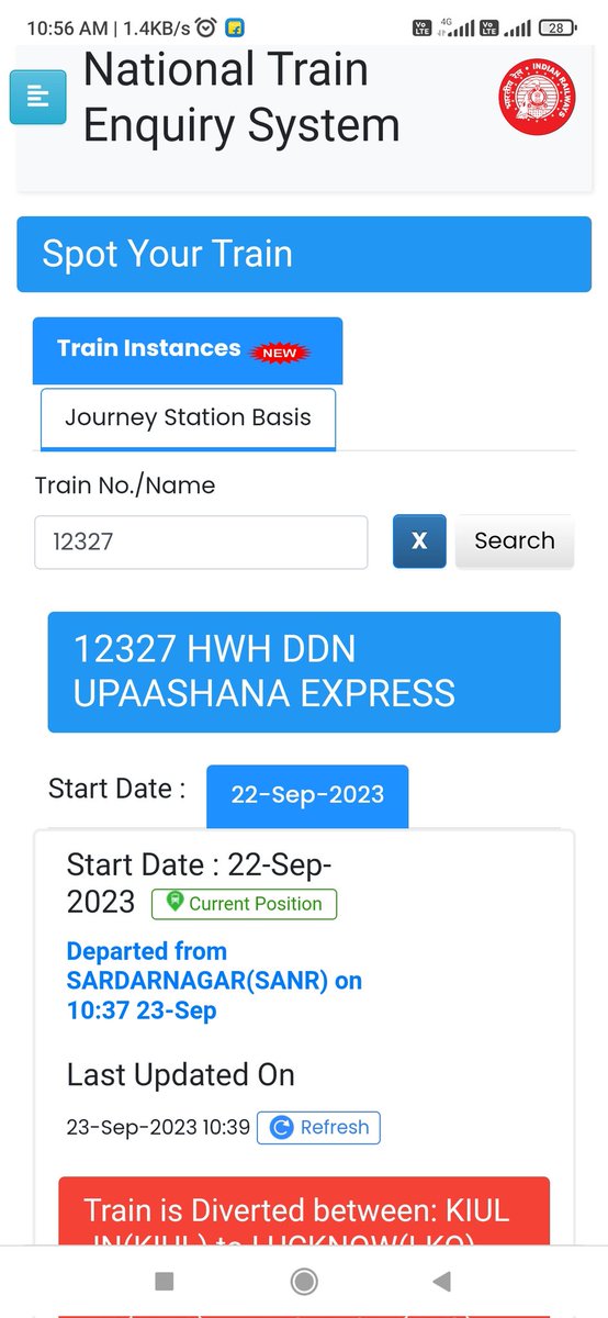 huzans17's tweet photo. @RailwaySeva @drm_lko @drm_mb Where is train no 12327? 'Where is my train' apps is showing it left LKO .. the NTES is showing it is at SANR... please update... Where is it? https://t.co/Tmyn7Rmzpg