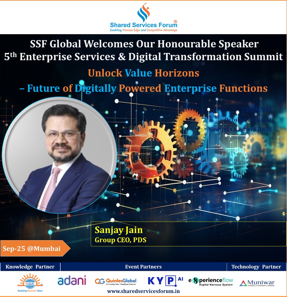 SSF_Global's tweet photo. #SSFGlobal warmly Welcomes our honorable Speaker Sanjay Jain at the 2-Day summit - 5th Enterprise Services &amp; Digital Transformation Summit 2023 on the theme:
Unlock Value Horizons – Future of #DigitallyPowered #EnterpriseFunctions
 To Register: https://t.co/g3f17M4Xiw https://t.co/VwQuV05v01