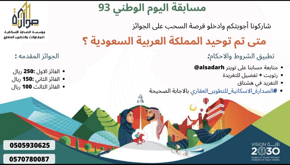 alsadarh2030's tweet photo. مسابقة| #اليوم_الوطني93 
السؤال:متى تم توحيد المملكة العربية السعودية؟
شروط المسابقة:
◀️متابعة حسابنا   @alsadarh2030 
✅التغريد في هشتاق #الصدارة_الإساكنية 
بالإجابة 
💙تفضيل للتغريدة
 🔁رتويت للتغريدة
الجوائز:
١-الفائز الأول:250
٢-الفائز الثاني:150
٣-الفائز الثالث:100 https://t.co/8XZlwuutav